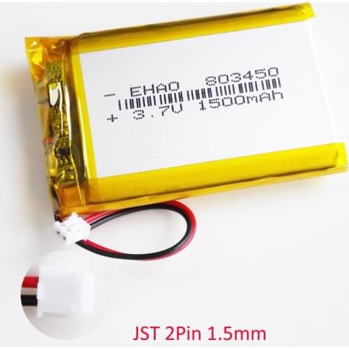 3.7V 1500mAh LiPo Rechargeable Battery 803450 With JST ZH 1.5mm 2pin connector For MP3 DVD PAD camera GPS laptop mobile phone