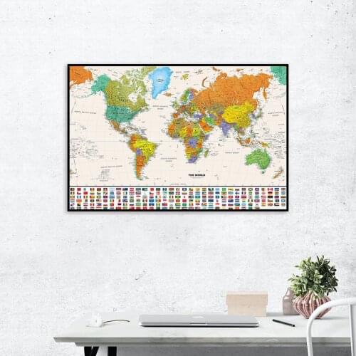 60*40cm The World Retro Map with National Flags Spray Canvas Painting Wall Art Poster School Supplies Living Room Home Decor