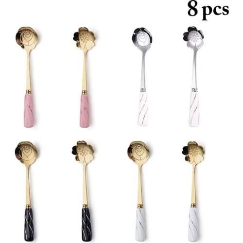 8Pcs/Set Stainless Steel Coffee Spoon Fashion Printed Flowers Fruit Dessert Spoon Coffee Tea Sugar Mixing Spoons Dinnerware Sets
