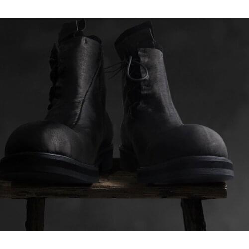 Top Brand Luxuy Horse Skin Real Leather Irregular Spliced Mens Short Boots Huarajuku Retro Lace Up Round Toe Thick Bottom Boots