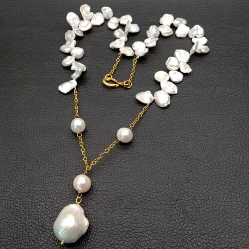 YYGEM 21"classic top-drilled White Keshi Pearl freshwater pearl Pendant Chain Necklace wedding for women jewlery