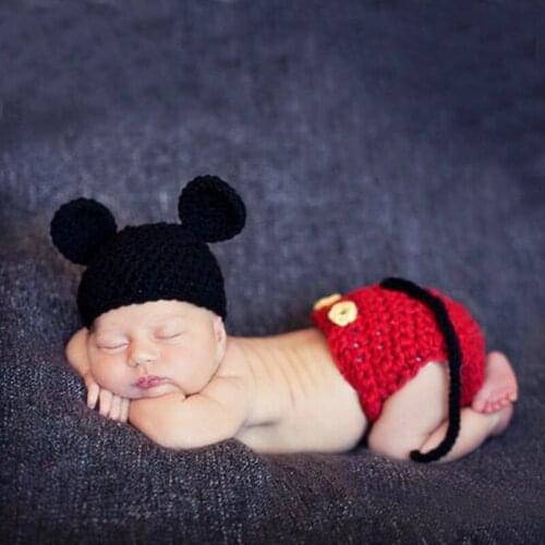 Baby Cartoon Mickey Hat+Pants Photography Props Outfits Infant Newborn Boys Girls Crochet Animal Photo Shoot Accessories Props