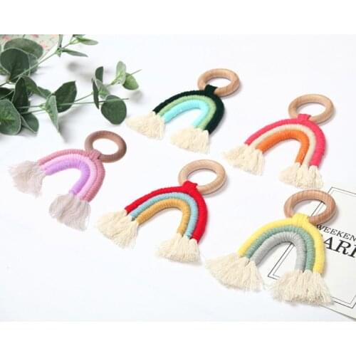Baby Teething Wooden Ring Rainbow Tassel Macrame Cotton Boho Nursing Teether Toy