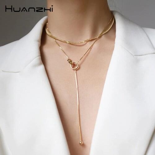 HUANZHI Korea Vintage Gold Silver Color Two Layers Round Necklaces Collarbone Geometric Pendant Chain For Women Jewelry Gifts