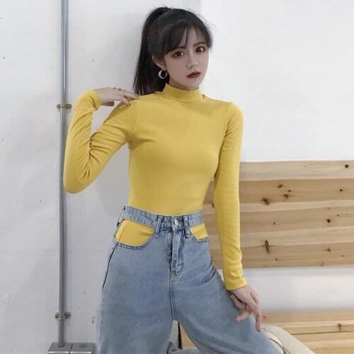 Korean Style Semi-high Collar Solid Color Self-cultivation Wild Long-sleeved T-shirt Yellow
