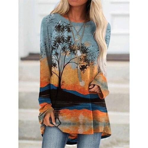 Summer Womens Loose T Shirt Ladies Tops Vintage Scenery Printed Tee Long Sleeve Shirt Women Plus Size Pullover
