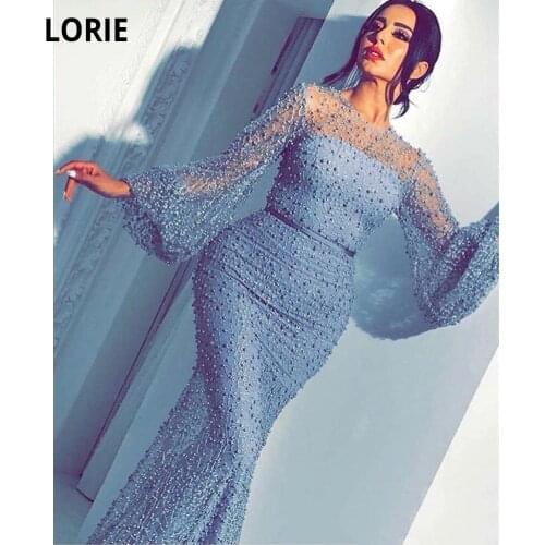 LORIE Ice Blue Arabic Mermaid Evening Dresses 2020 Sheer Neck Long Sleeve Sweep Train Pears Beads Lace Formal Prom Party Gowns