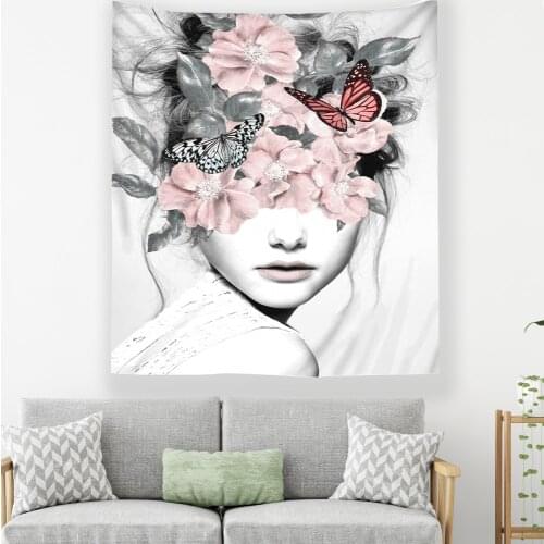 2021Cute Women With Flower Living Room Office Tapestry Flower Bedroom Dorm Headboard Hippie Wall Tapestry Hanging For Home Decor