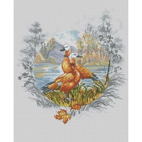 Autumn woodland duck-merganser Cross stitch Handmade 14CT Counted Canvas DIY,Cross-stitch kits,Embroidery