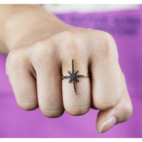 New Fashion Women Fashion Sunburst Ring Gold Color pave black cz AAA+ jewelry Northstar Rings Clear CZ Zircon Punk Party Jewelry
