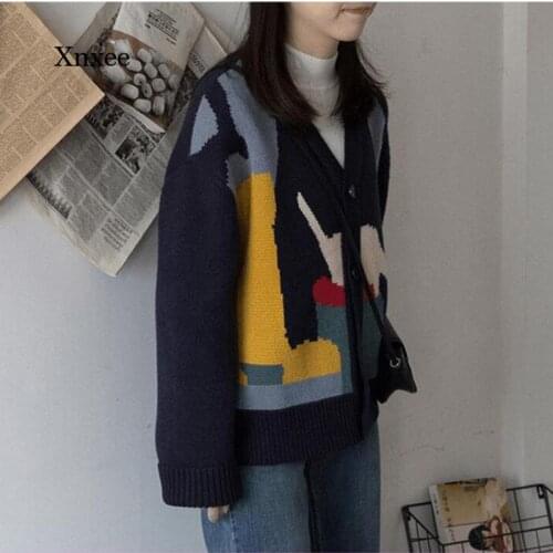Autumn Winter Cardigan Cartoon Pattern Casual Japanese Buttons V-Neck Kawaii Warm Loose Lazy Sweater Long Sleeve Retro Clothing