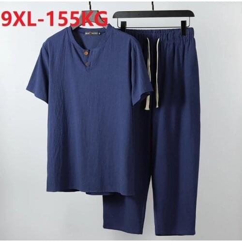 High quality summer men linen pajamas Short Sleeve T-shirt and pants sets home wear large size 8XL 9XL tees loose pajamas 64 68