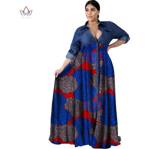 Africa dresses for women New Arrival 2019 Summer Denim Shirt dress Plus Size Long vestido Deep V-Neck dresses WY4876