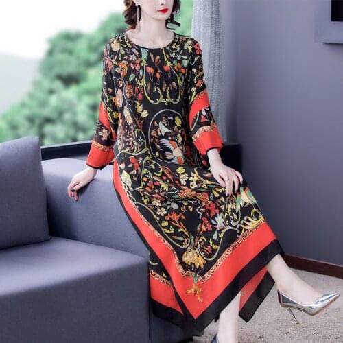 Women Boho Loose 4XL Plus Size Beach Midi Dresses Spring Summer Vintage Print Mulberry Silk Long Sleeve Dress Elegant Vestidos