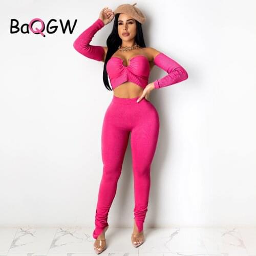 BaQGW Casual Rib Knitted Sweater 2 Piece Set Women Off Shoulder Sexy V Neck Crop Top Fall Winter Clothes Women Skinny Tracksuit