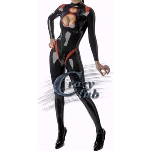 Crazy club_Sexy customize women Sexy fetish black latex catsuits open chest Rubber costume garment gummi Sale on line