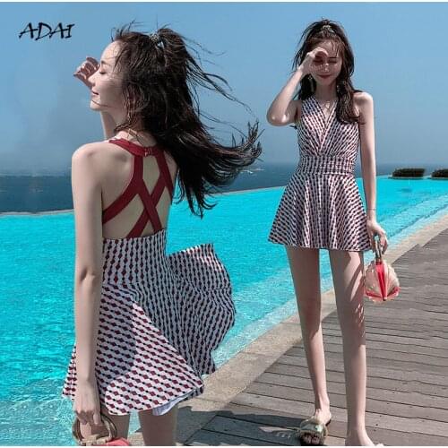 One-piece Swimsuit 2 Piece Female with Skirt Womens Swimwear 2021 Summer Suit Bathing Suit Plaid Printing Bikinis Set Beachwear