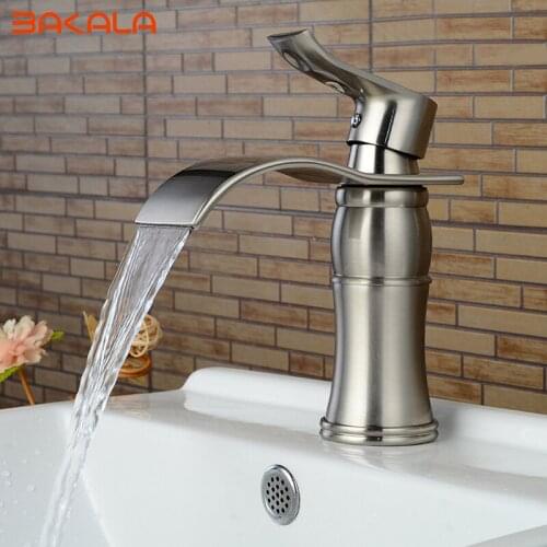 BAKALA Waterfall Spout Bathroom Faucet Single Handle Hole Vanity Sink Mixer Tap Deck Mounted Brushed Nickel LH-551L