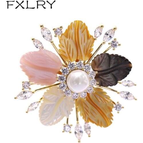 FXLRY High-end AAA Cubic Zircon Flower Brooch Simple Shell Pearl Brooch For Women Coat Corsage