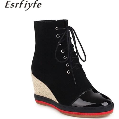 ESRFIYFE New Autumn Women Ankle Boots Ladies Lace Up Side Zipper Short Boots Female Wedges Heels Round Toe Casual Woman Shoes