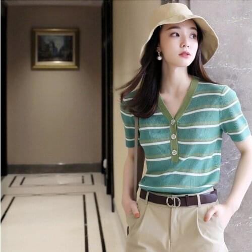 New Hot Sale Korean Sweet Short-Sleeve Top Female Sweater Summer Cropped Knitted Tops V-neck Slim Fit T Shirt for Women X172