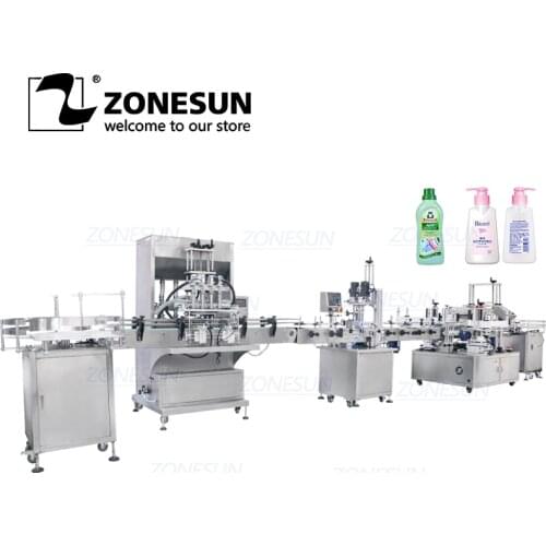 ZONESUN Custom Liquid Filling Capping And Labeling Machine 4 Heads Square Bottle Servo Ration Full Automatic Production Line