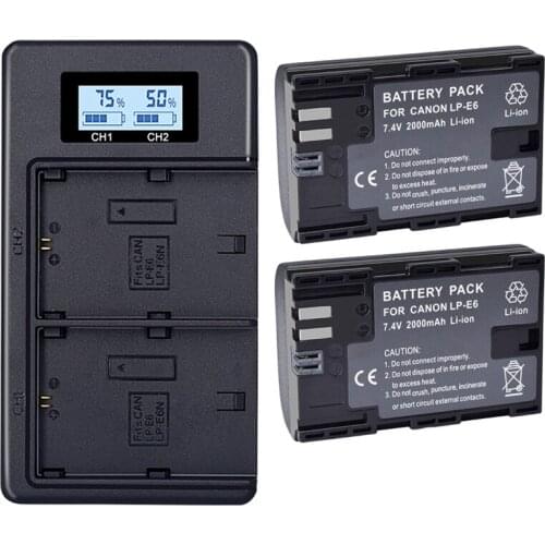 2X Lp-E6 E6N Battery 2000Mah + Lcd Dual Charger for Canon Eos 5Ds R 5D Mark Ii 5D Mark Iii 6D 7D 80D Eos 5Ds R Camera