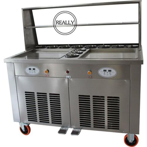 Free ship CE R410 R404 fry ice cream machine fried ice roll pan machine flat pan double pan rolled fried ice cream rolls machine