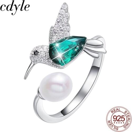 Cdyle Luxury Silver 925 Jewelry Women Pearl Rings with Green Crystal from Swarovski Hummingbird Finger Ringen Voor Vrouwen