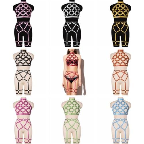 Erotic Womens Belt Punk Goth Dance Rave Garters 2pc Fetish Lingerie Set Leather Harness Belt Mesh Corset Accessories Hollow Bra