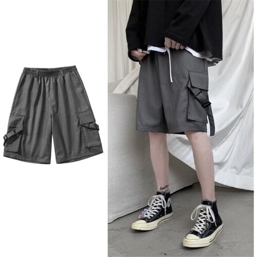 Mens summer personality original design solid color loose tooling shorts street trend dark style multi-pocket sports shorts