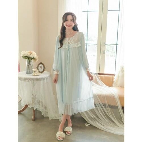 Hanxiuju New Soft Lace Modal Nightgowns For Lady Autumn Spring Elegant Vintage Princess Long Sleeve Loose Sleepwear
