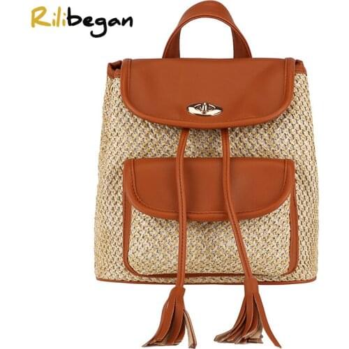 New Summer Woven Backpack Women Leather PU Patchwork Style Fashion Backpack Women Handmade Straw Causal High Quality Women Bag