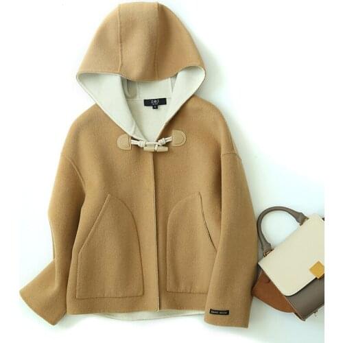 Winter Women Double Sided Wool Coat Hooded Long Sleeve Fashion Female Blends Causal Loose Winter Outwear Winter Coat Hand Made