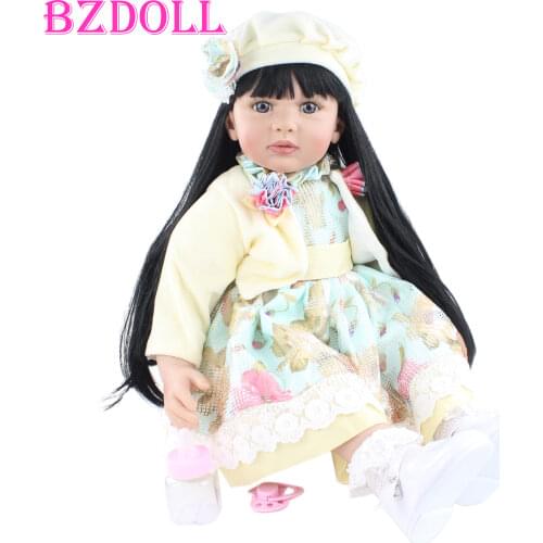 60cm Silicone Reborn Baby Doll Toys Vinyl Black Long Hair Princess Toddler Dress Up Babies Alive Bebe Girl Bonecas Birthday Gift