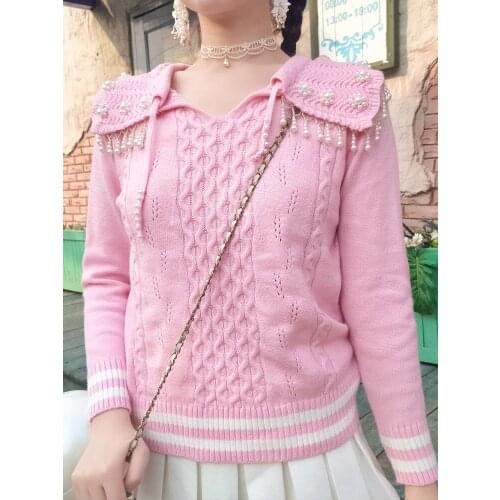 Autumn Winter Japanese Kawaii Pink Crew Neck Sweater Soft Girl Sweet Cute Pearl Slim Slimming Knitted Sweater Christmas Sweater