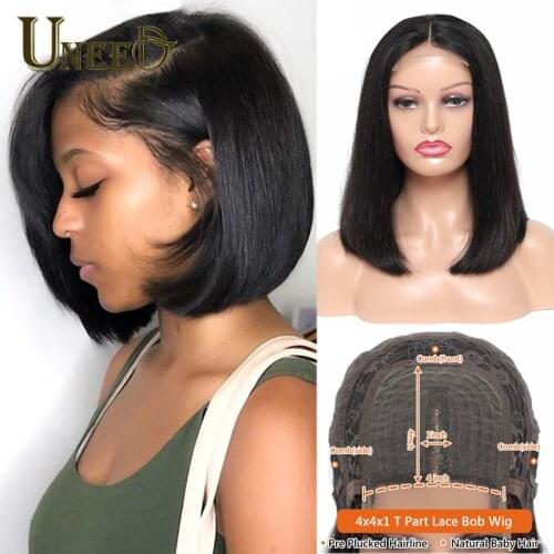 Uneed Straight Bob Wig Lace Front Human Hair Wigs 4x4x1 T Part Lace Bob Wig Brazilian Short Bob Lace Part Wigs For Black Women