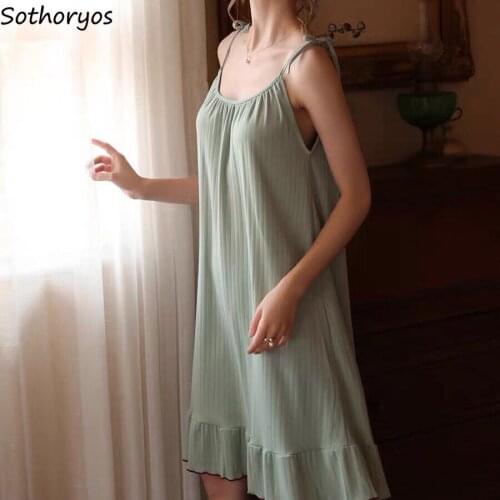 Sleeveless Nightgowns Women Knee-length Chic Retro Fashion Ruffles Sweet Gentle Nightdress Loose Casual Cozy Ulzzang Teens Cute