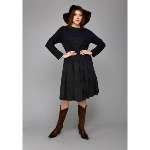 Gathered Neck Ruffled Skirt Long Sleeve Cotton Fabric Black Dress 2021 Womens Fashion Xs To 4xl