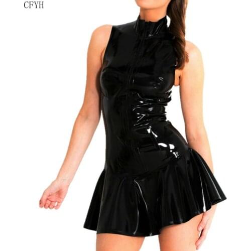 Womens Black Zipper Sleeveless Faux Leather Latex PVC Bodycon Dress Clubwear Dance Costume