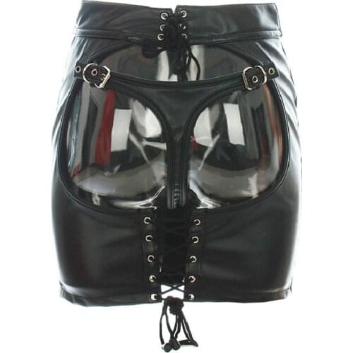Womens Soft Faux Leather Thong Back Open Butt Spanking Mini Skirt Fetish Body Restraint Mistress Role Play Costume