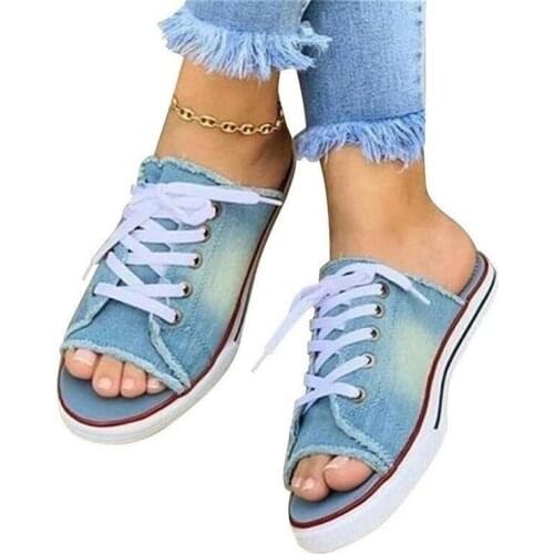 Women Canvas Flat Slipper 2021 Woman Lace Up Ladies Peep Toe New Womens Casual Female Fashion Denim Beach Shoes Plus Size 35-43