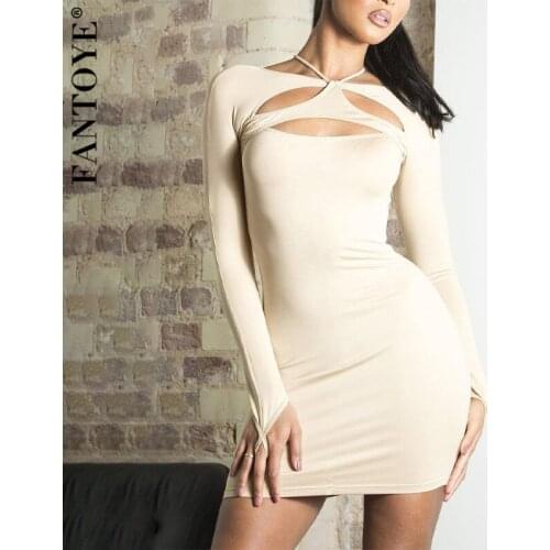 FANTOYE Sexy Hollow Out Halter Mini Dress Women Solid Long Sleeve Zipper Dress Women Spring Streetwear Slim Party Club Vestidos