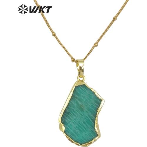 WT-N1136 Natural Amazonite Necklace Raw Size Amazonite Pendant Necklace With Gold Electroplated Women Fashion Necklace Jewelry