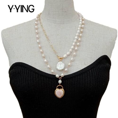 Y.YING Natural Cultured White Baroque Pearl Necklace Pink Queen Conch Heart Pearl Charm statement necklace 21"
