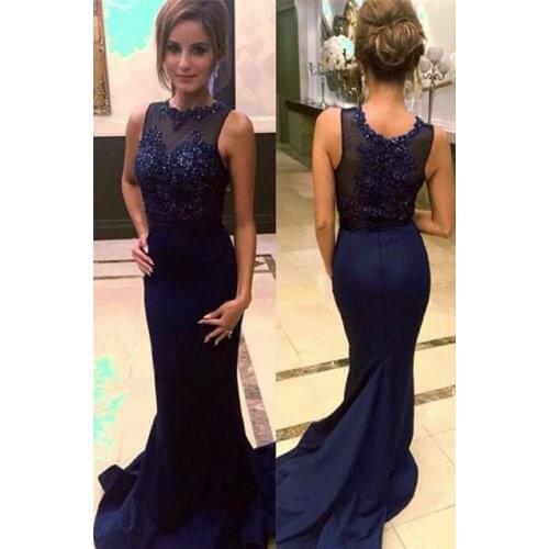 Vkbridal Vintage O-Neck Beaded Navy Blue Mermaid Prom Dresses Long Sweep Train Party Dresses Formal Evening Gowns for Women