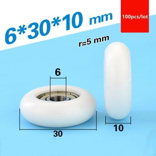 100pcs circular arc plastic coated bearing 626ZZ 626 6*30*10mm POM nylon wrapped wheel sliding door and window pulley