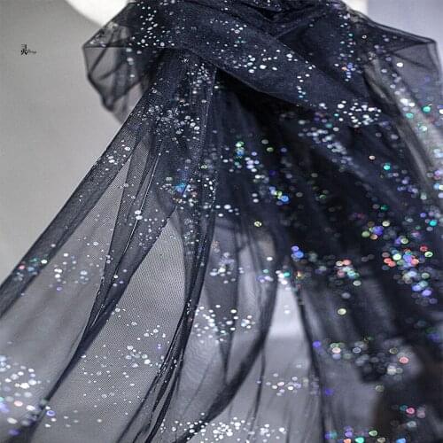 165*100CM Black colorful sequined lady cosplay Dress Applique DIY Headdress scarf veil Lace Fabric Patch curtain table cover