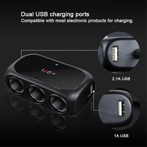 Car Plastic Black Cigarette Lighter Socket Splitter 120w Output Power Adapter 12~24v Charger Fast Charging Voltmeter Easy to Use