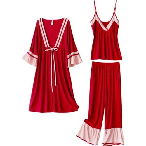 3PCS Kimono Robe Set Sexy Womens Modal Pajamas Nighties Home Wear Negligee Lingerie Pijama Nighty Silky Robe Suit Sleepwear